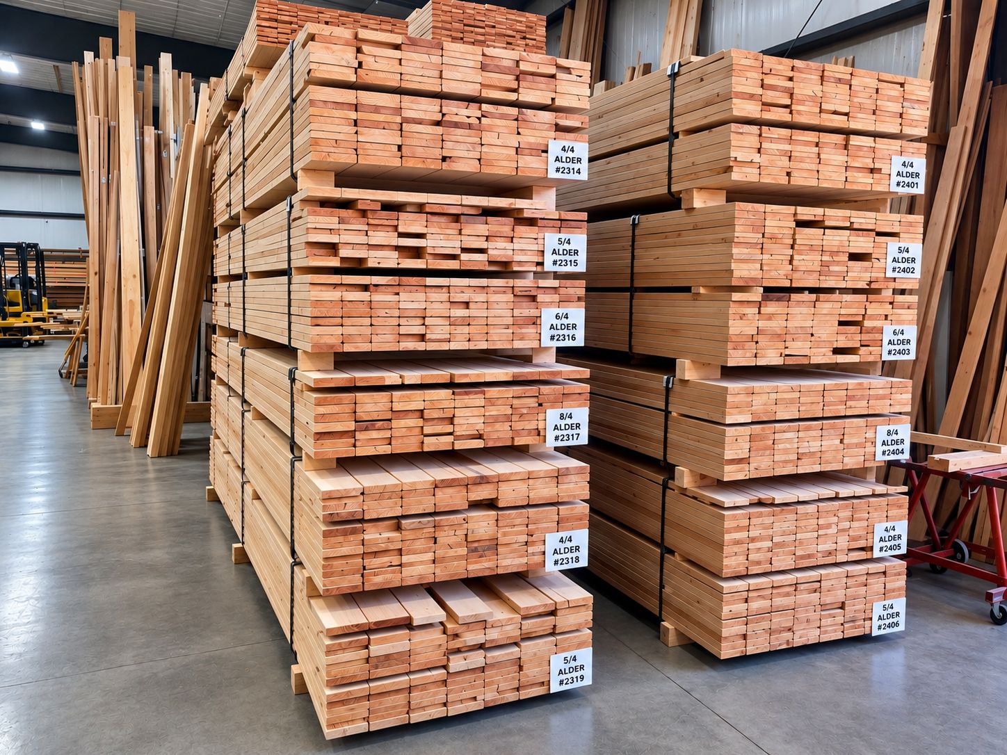 Alder lumber stacked in warehouse